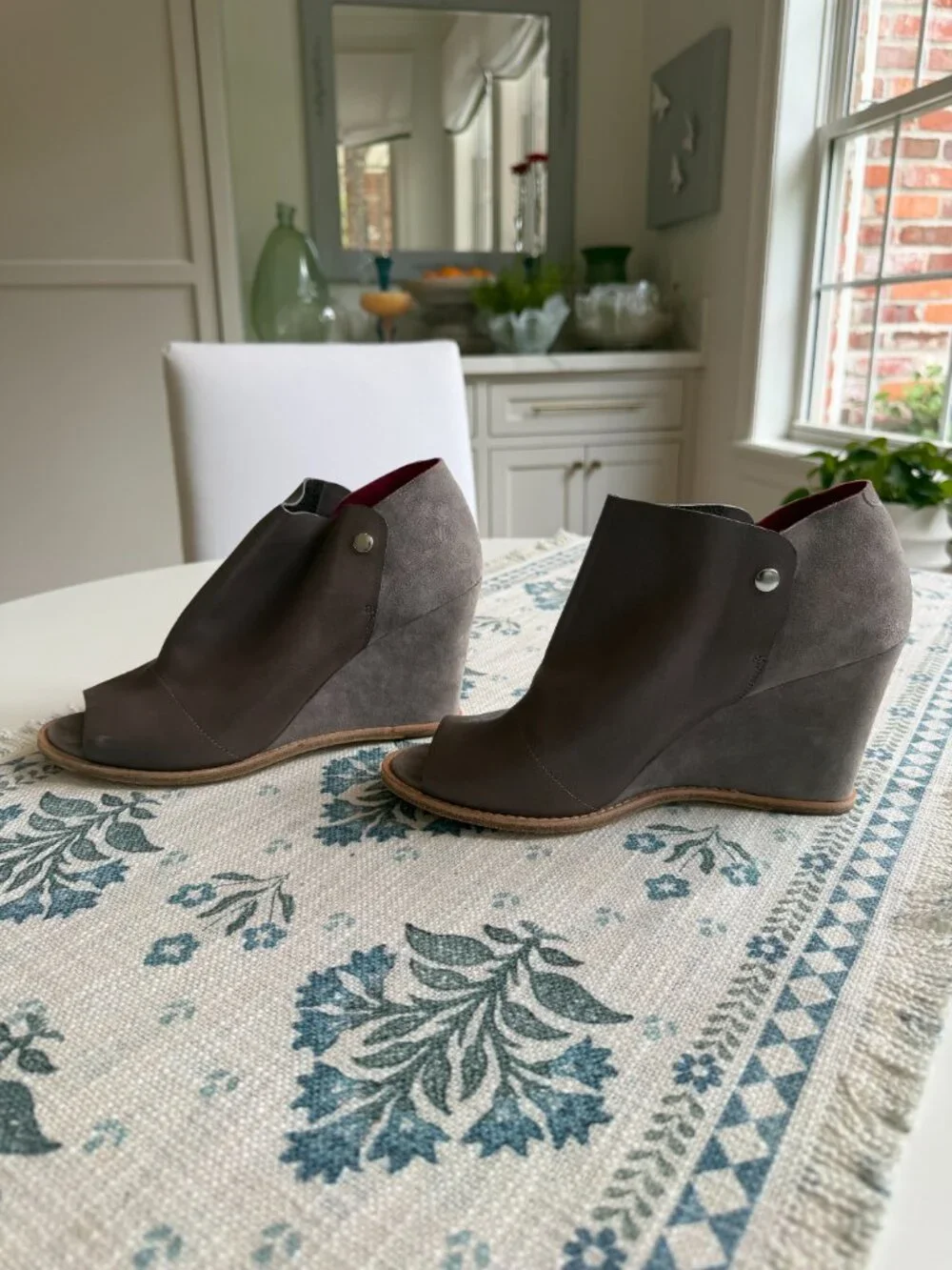 Taupe Leather Peep-Toe Wedge Bootie | Sigerson Morrison | Size W 9